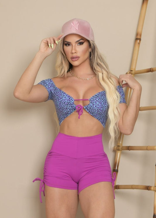 Conjunto Fitness Top Manguinha Oncinha Azul Short Pink