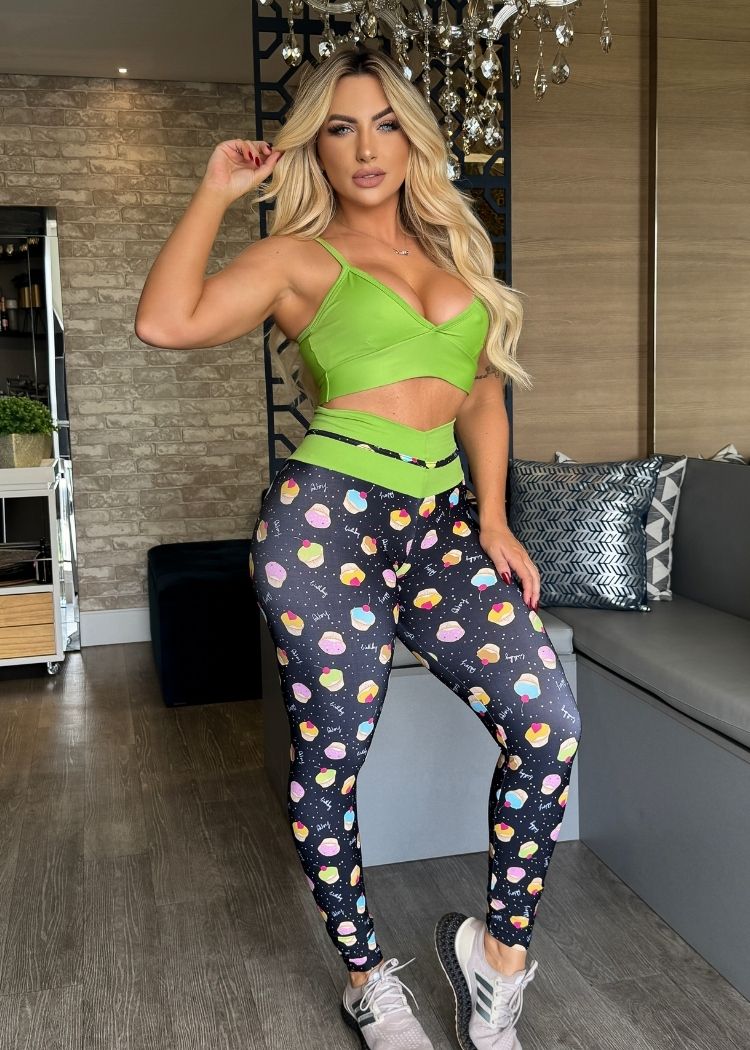 Conjunto Fitness Top Verde Neon Legging Cupcake Empina Bumbum