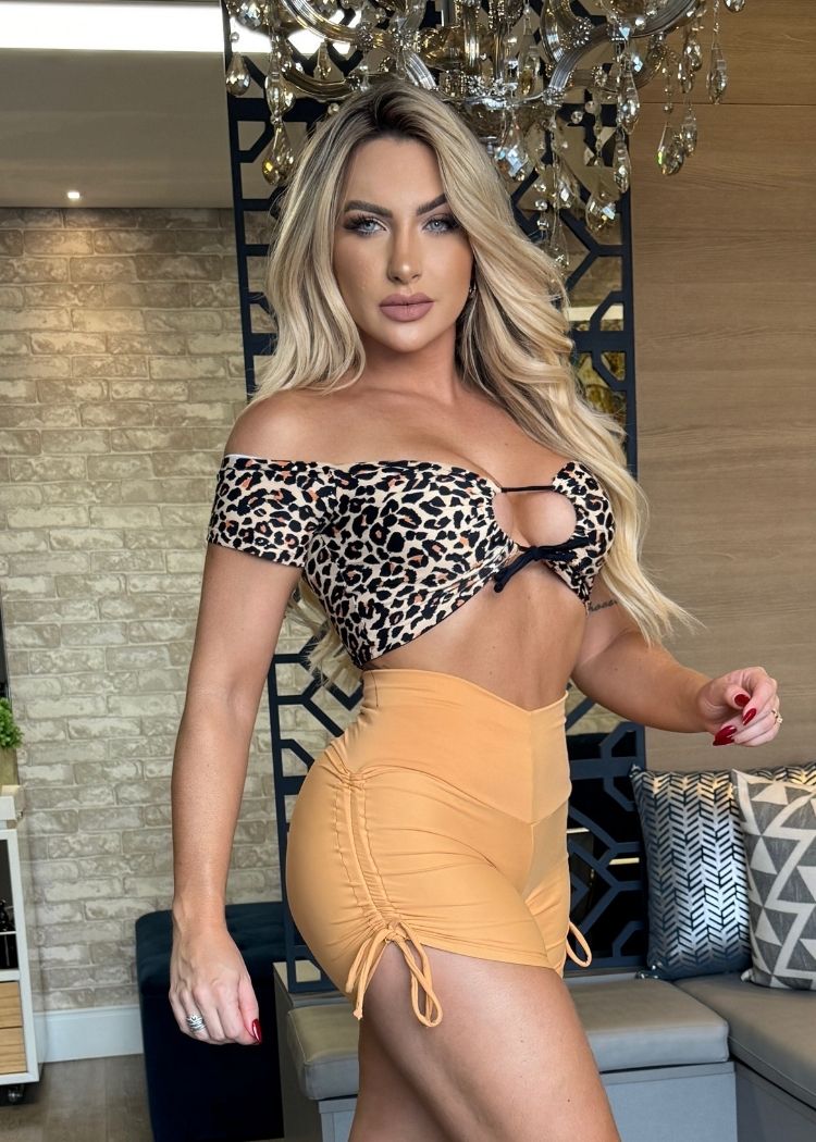 Conjunto Fitness Top Manguinha Oncinha Short Laranja Empina Bumbum
