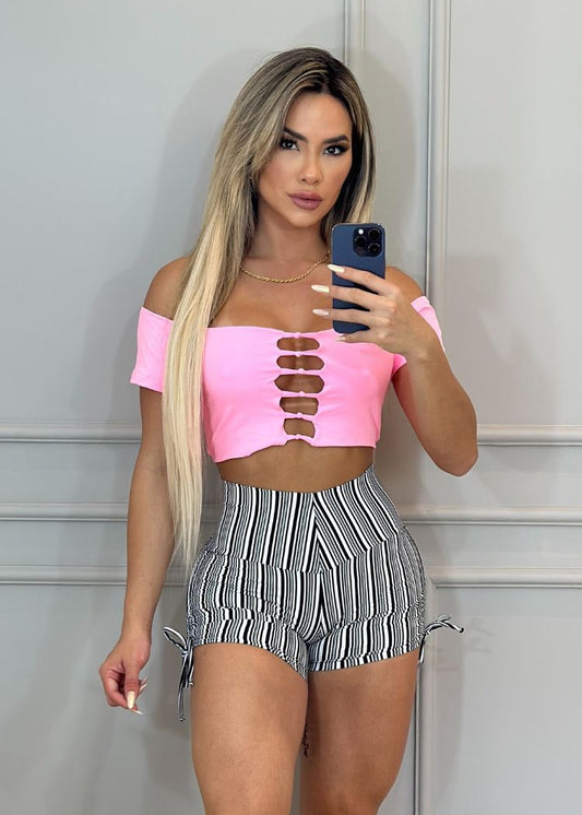 Conjunto Fitness Top Ombro a Ombro Rosa e Short Listrado