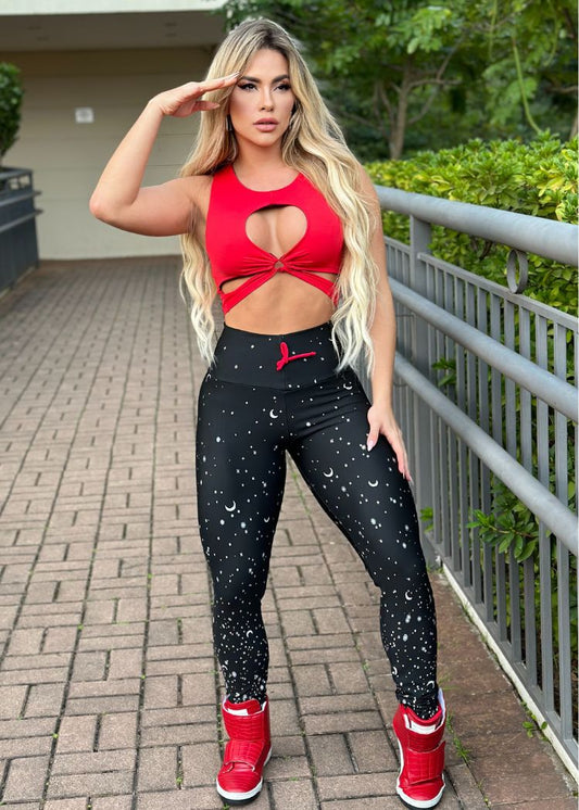 Conjunto Fitness Top Borboleta Vermelho Legging Constelação