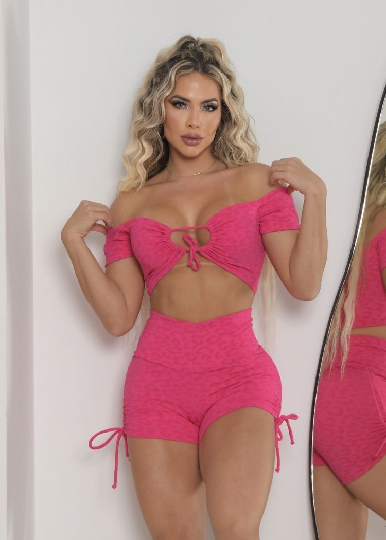 Conjunto Fitness Oncinha Pink Top Manguinha Empina Bumbum