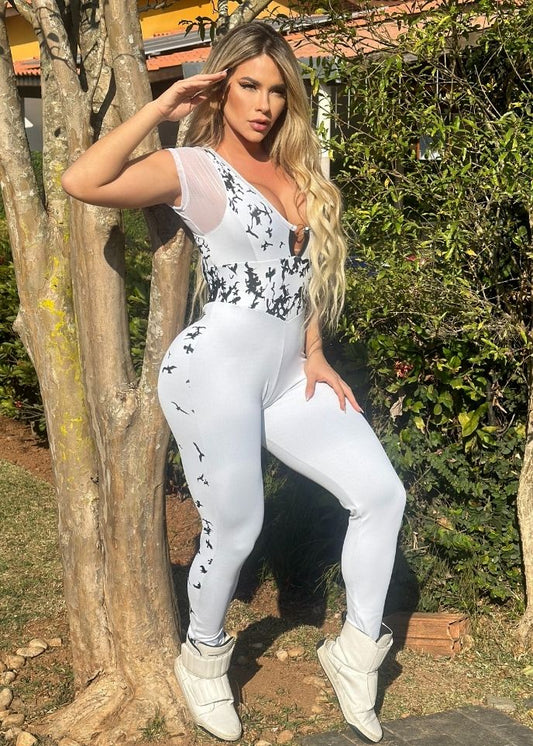 Macacão Fitness Viés Branco Pássaros com Manguinha