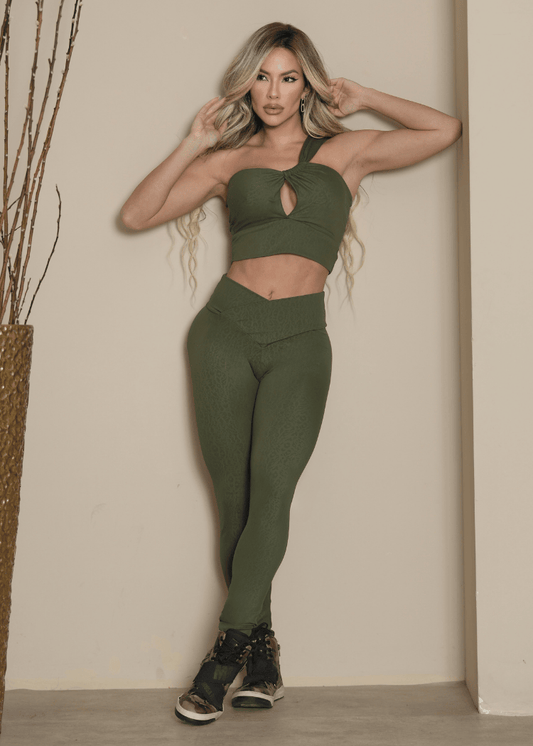 Conjunto Fitness Top Batista e Calça Legging Verde Modela Bumbum