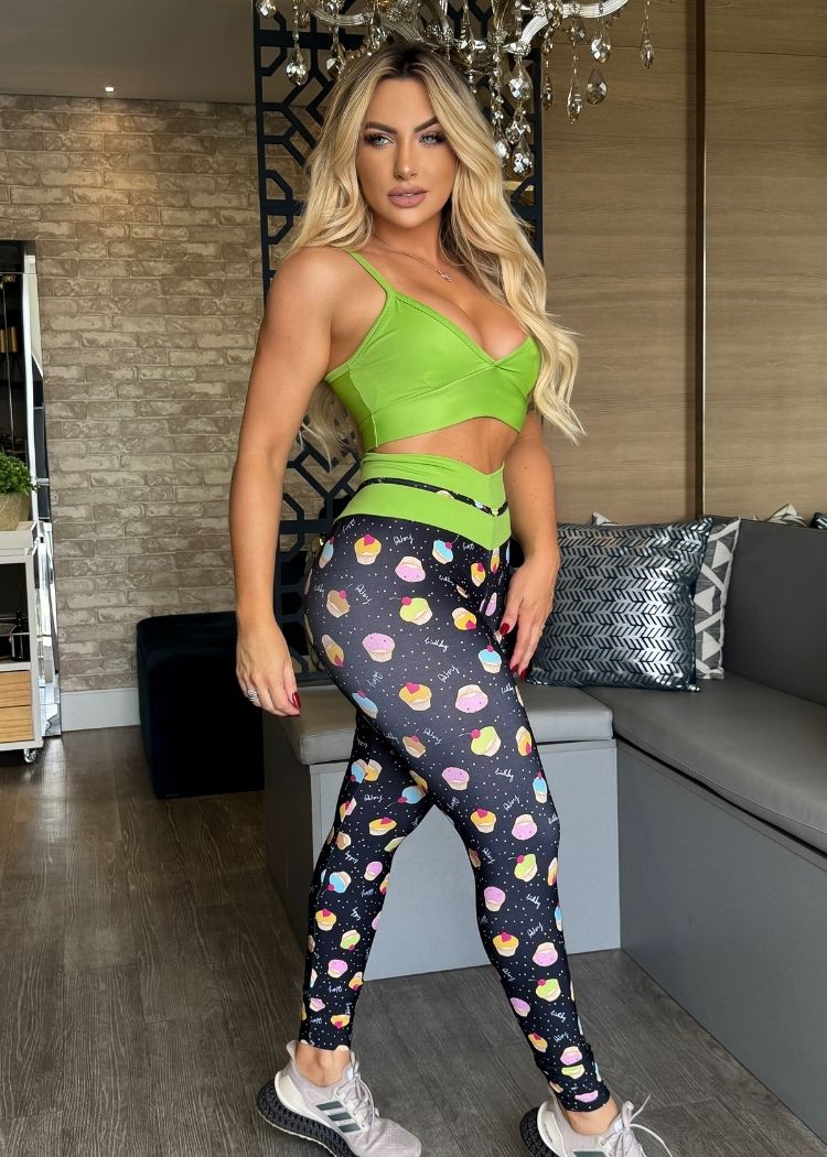 Conjunto Fitness Top Verde Neon Legging Cupcake Empina Bumbum