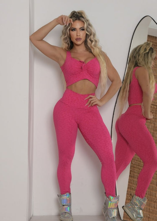 Conjunto Fitness Oncinha Pink Trançado Empina Bumbum Zero Transparência