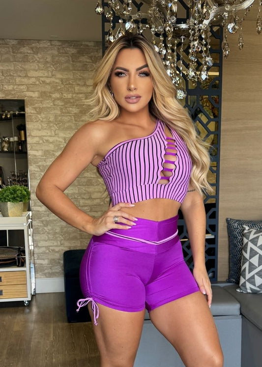 Conjunto Fitness Top Lilás Listrado com Tiras Short Roxo