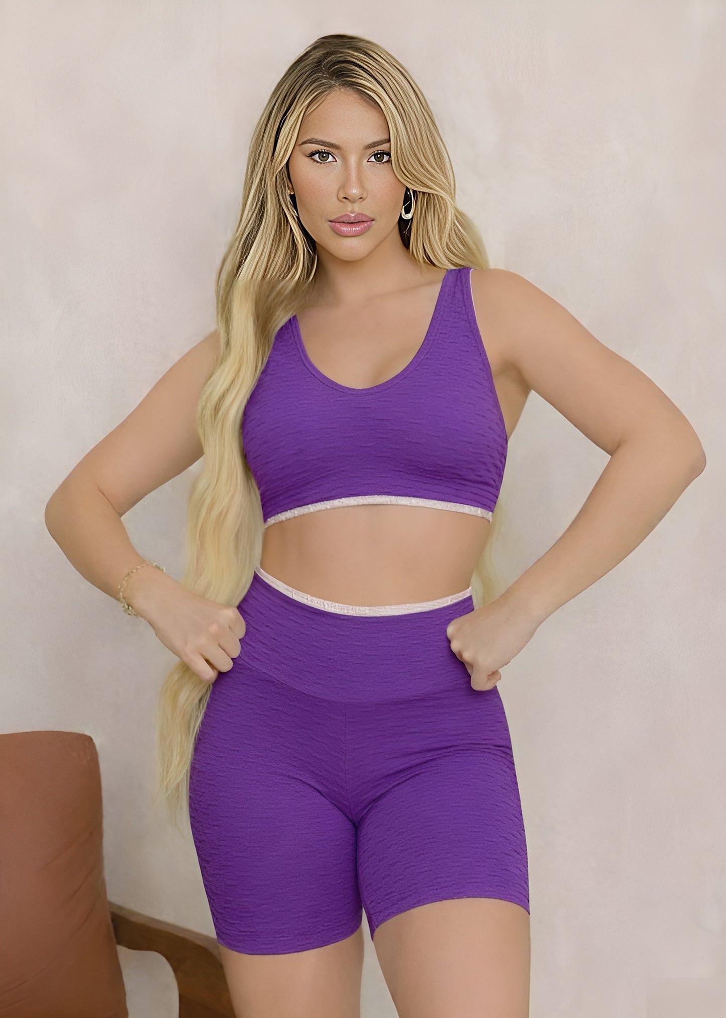 Conjunto Fitness Top Kátia Larissa Short Filete Roxo Brocado