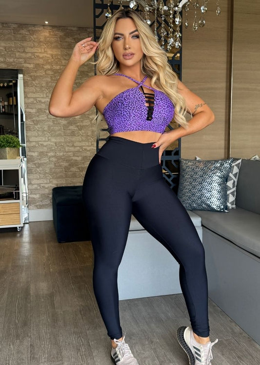 Conjunto Fitness Top Oncinha Lilás com Tiras Legging Preta Empina Bumbum