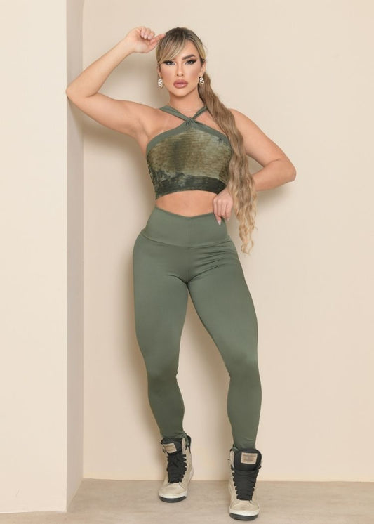 Conjunto Fitness Top Alça Cruzada Tie Dye Legging Verde Musgo