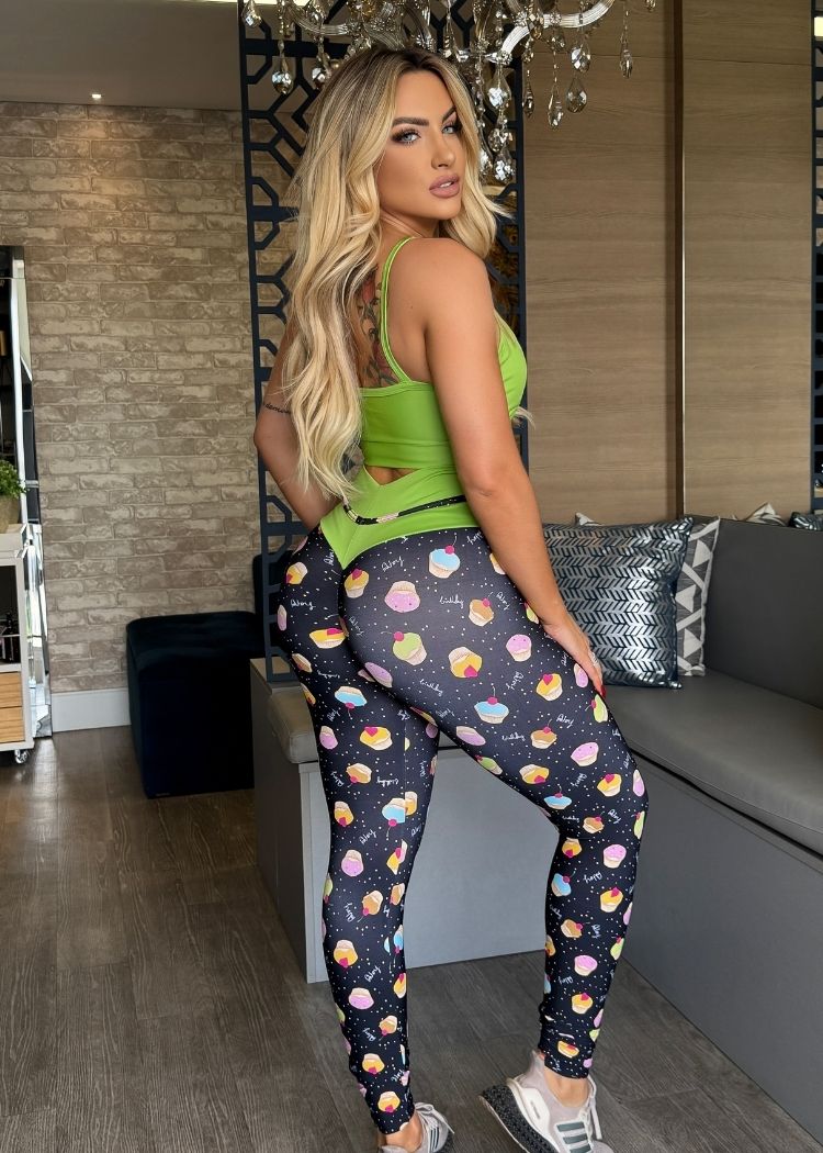 Conjunto Fitness Top Verde Neon Legging Cupcake Empina Bumbum