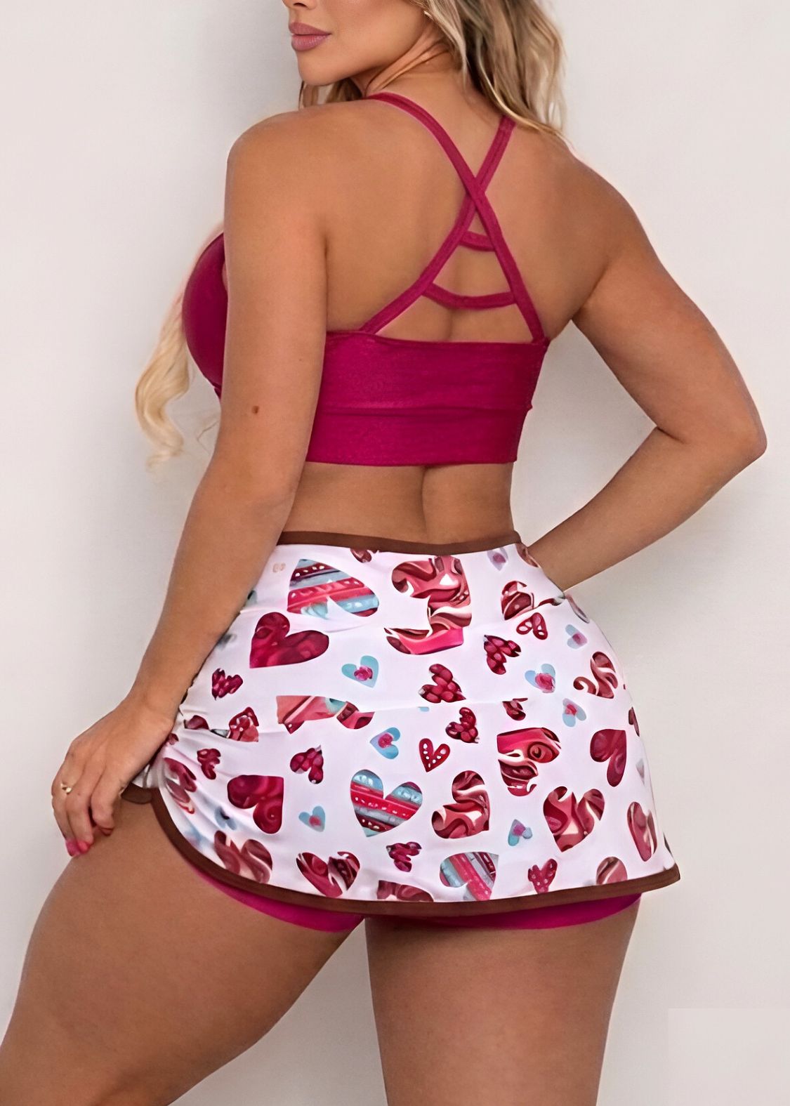 Conjunto Fitness Top Viés Magenta Short Saia Coração
