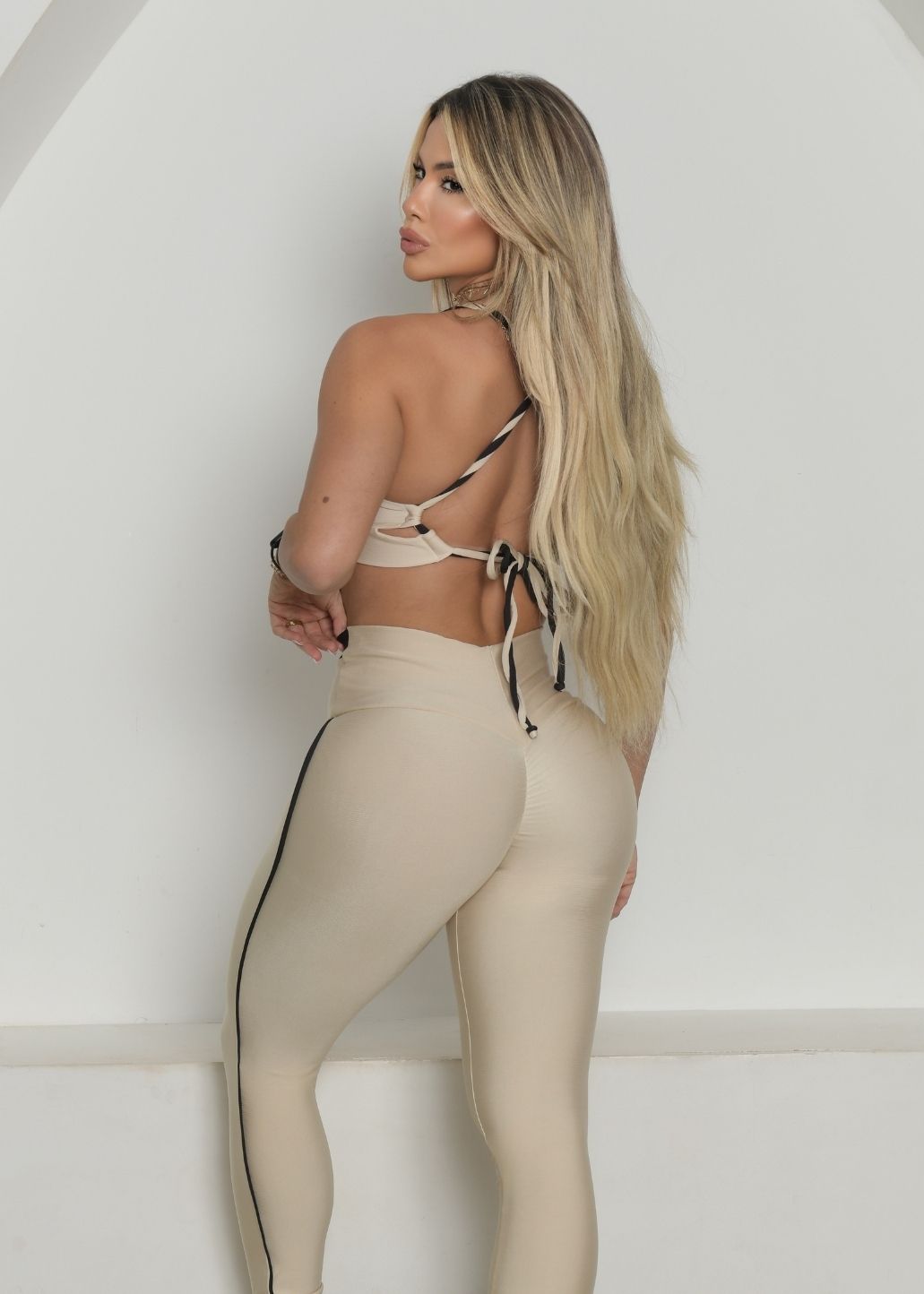 Conjunto Fitness Top Laço Legging Off White Zero Transparência