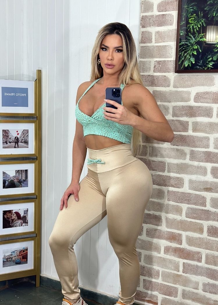 Conjunto Fitness Top Cobra Verde Água Legging Dourada