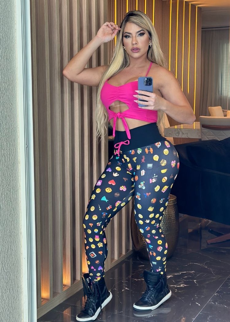 Conjunto Fitness Top Laço Pink Legging Preta Emoji Zero Transparência