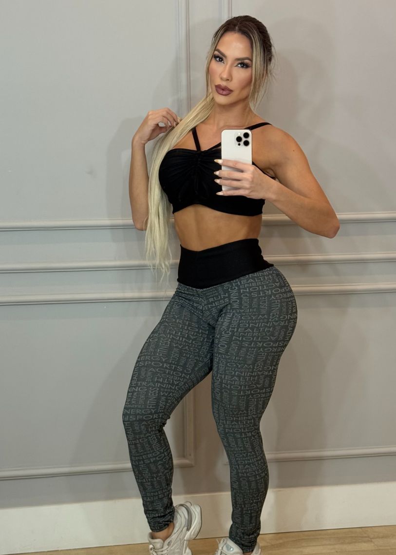 Conjunto Fitness Top Preto e Legging Letras Empina Bumbum