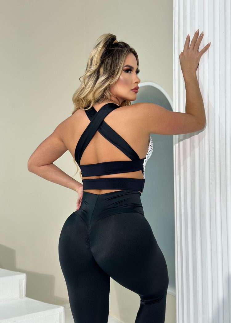 Conjunto Fitness Top Poazinho Branco Laço Frontal Legging Preta