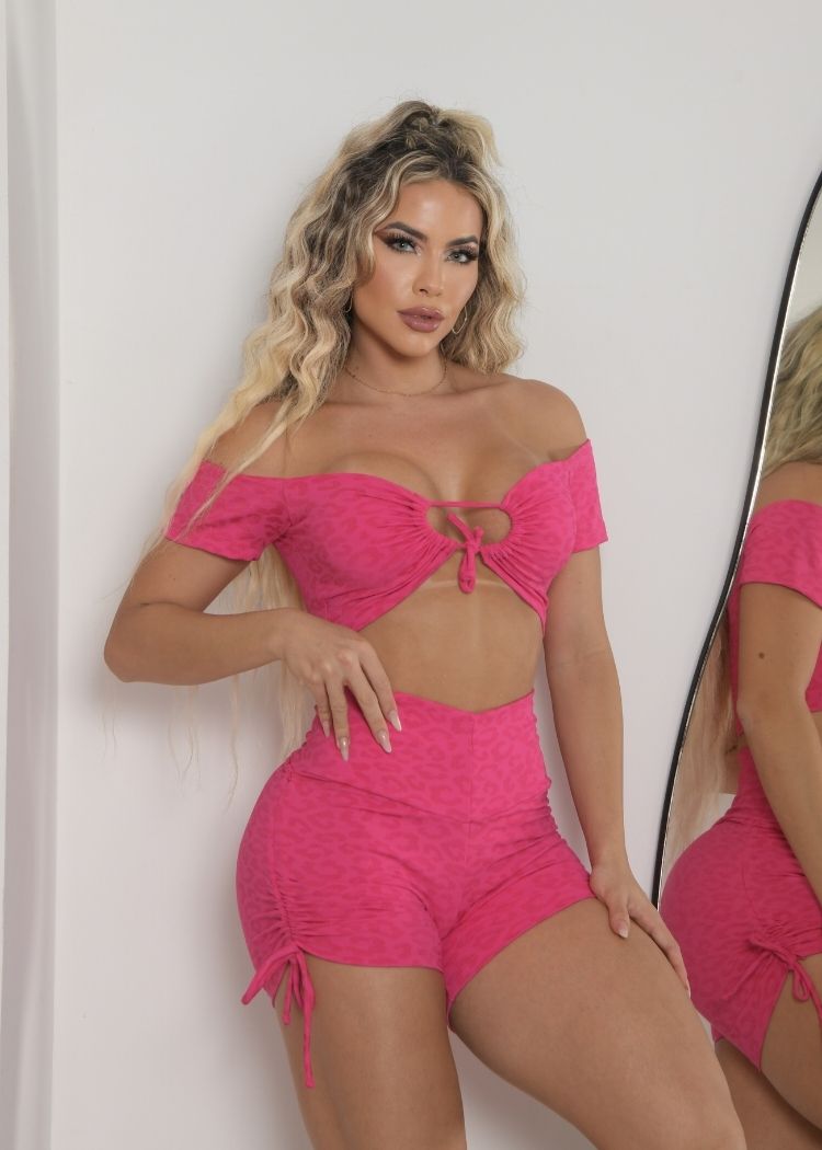 Conjunto Fitness Oncinha Pink Top Manguinha Empina Bumbum