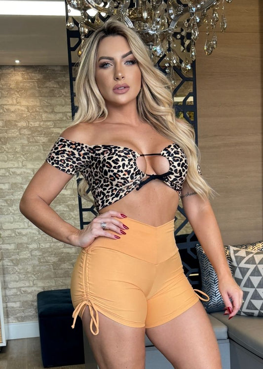 Conjunto Fitness Top Manguinha Oncinha Short Laranja Empina Bumbum