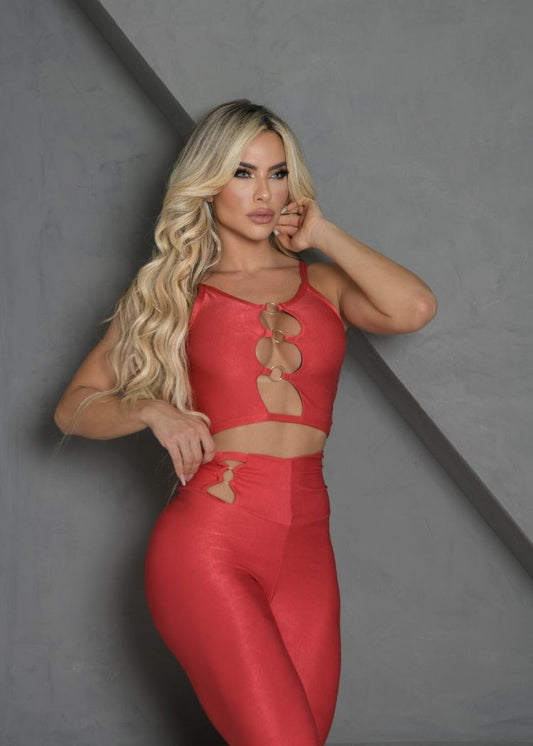 Conjunto Fitness Fivela Vermelho com Decote Empina Bumbum