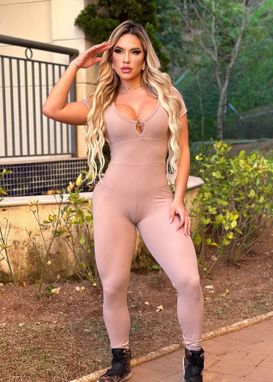 Macacão Fitness Basic Bege Zero Transparência