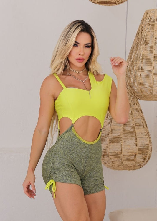 Macaquinho Fitness Amarelo e Verde Chapisco com Laço Aberto