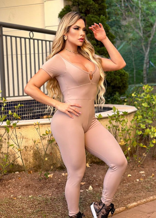 Macacão Fitness Basic Bege Zero Transparência