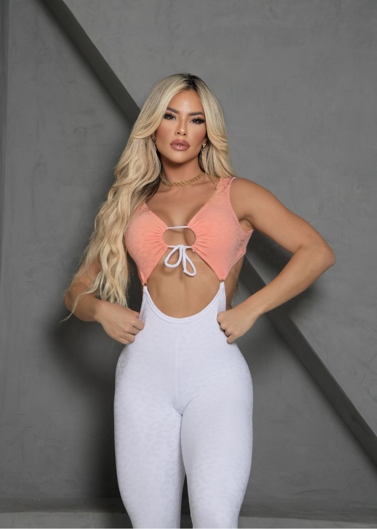 Macacão Fitness Oncinha Top Salmão Aberto Legging Branca