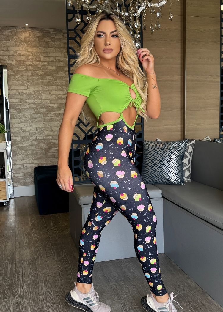 Macacão Fitness Top Verde Neon Legging Cupcake Empina Bumbum