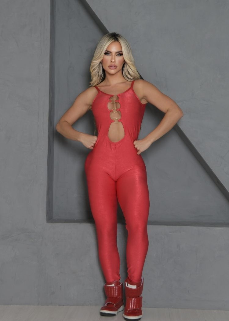 Macacão Fitness Vermelho Fivela Aberto Empina Bumbum