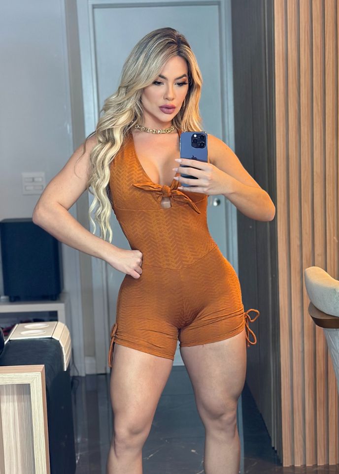 Macaquinho Fitness Brocado Terracota Detalhe Laço no Top