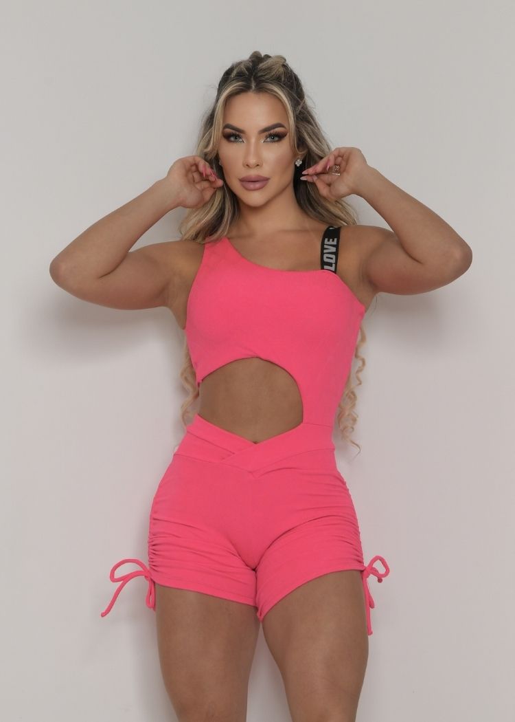 Macaquinho Fitness Rosa Aberto na Lateral em Jacquard