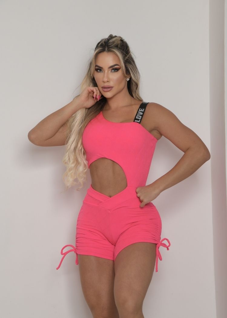 Macaquinho Fitness Rosa Aberto na Lateral em Jacquard