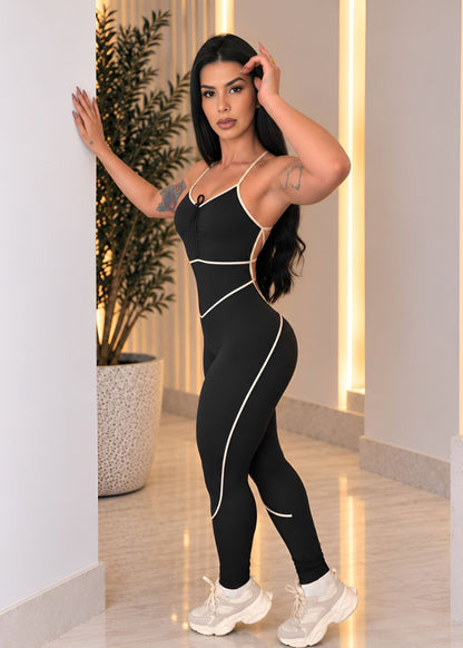 Macacão Fitness Preto com Filete Off White