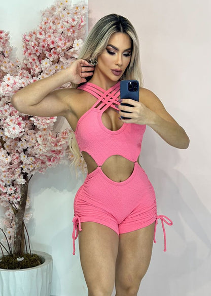 Macaquinho Fitness Goiaba Brocado Top Alça Cruzada