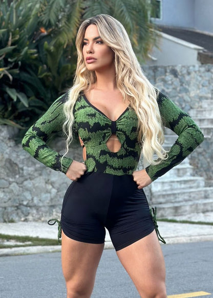 Macaquinho Fitness Top Degradê Short com Regulagem Preto com Verde