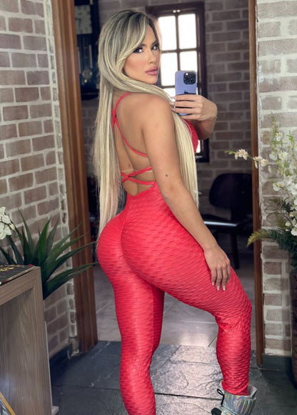 Macacão Brocado Pala Aberta Vermelho Zero Transparência