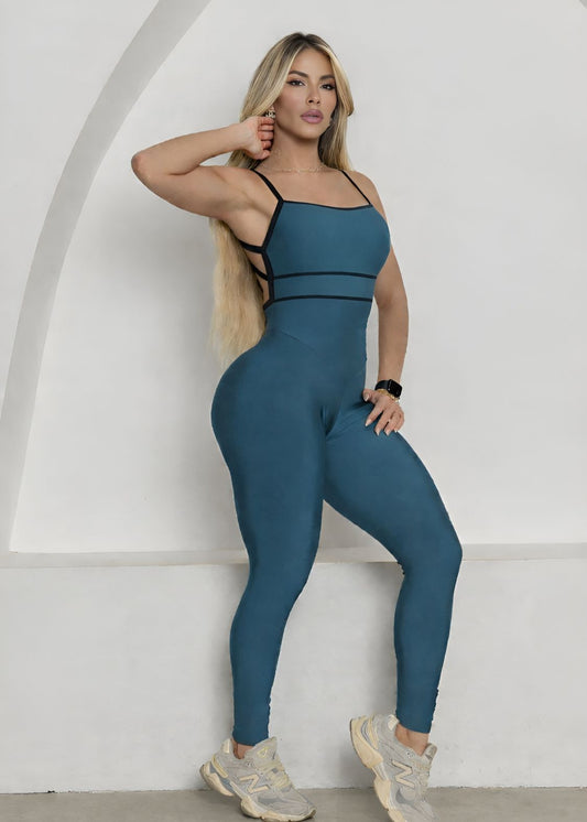 Macacão Fitness Vivi Pala Fechada Azul Petróleo C/ Filete Preto