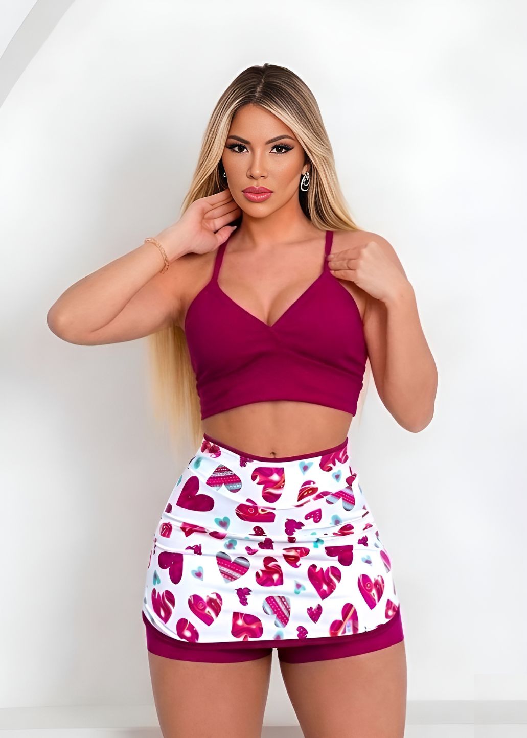 Conjunto Fitness Top Viés Magenta Short Saia Coração