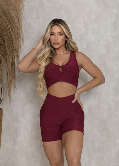 Conjunto Fitness Top Short Empodere Vinho Brocado