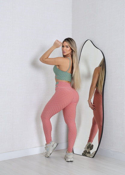 Conjunto Fitness  Top Viés Verde Legging Filete Goiaba