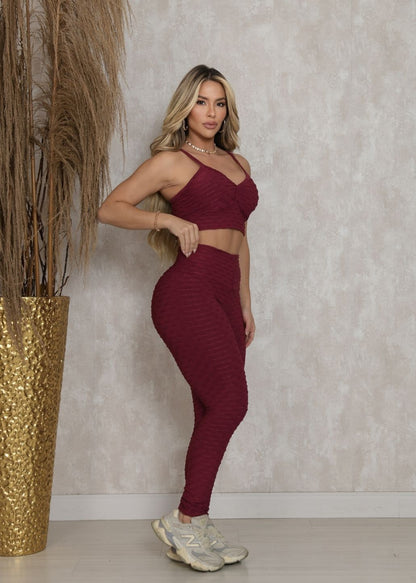 Conjunto Fitness Top e Legging Empodere Vinho Brocado