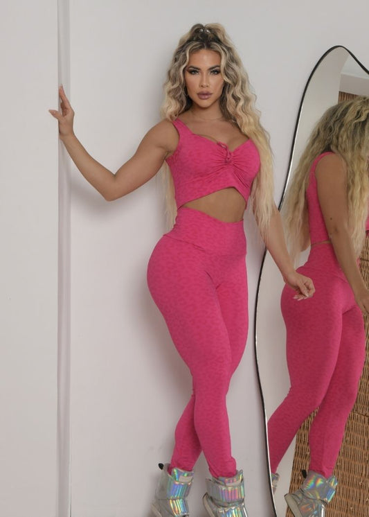 Conjunto Fitness Oncinha Pink Trançado Empina Bumbum Zero Transparência