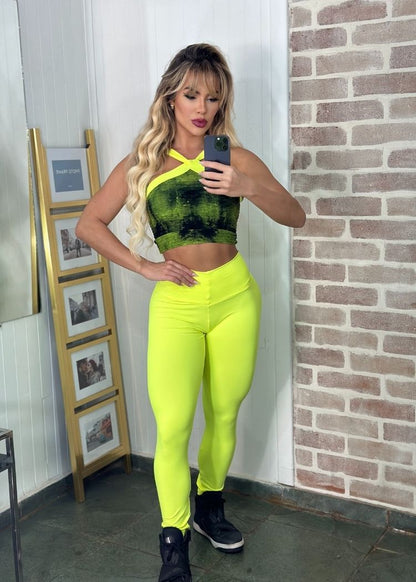Conjunto Fitness Top Alça Cruzada Tie Dye Legging Verde Fluorescente