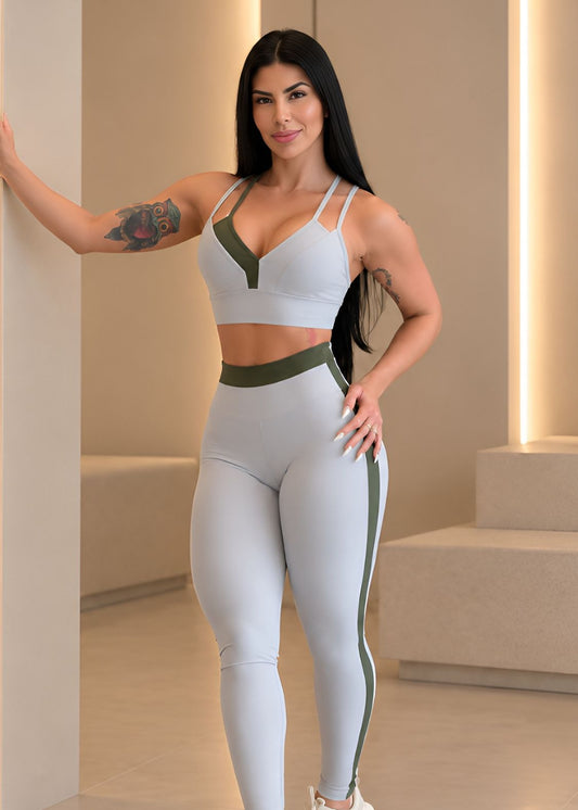 Conjunto Top Bojo Duplo Verde e Legging Cinza