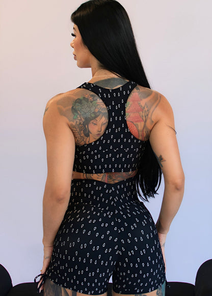 Conjunto Top Cris e Short Coração Preto com Regulagem