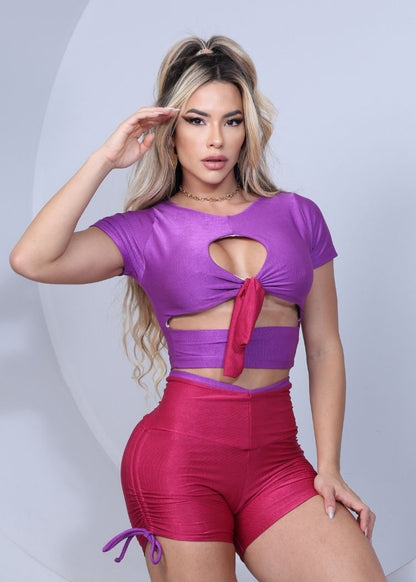 Conjunto Fitness Top Roxo com Laço Short Vinho
