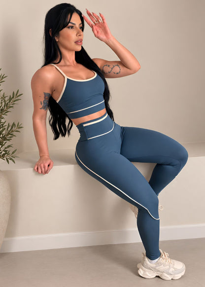 Conjunto Fitness Chumbo Top + Legging com Filete Off White