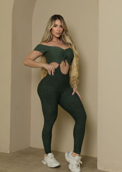 Macacão Fitness Fivela Top Manguinha Verde Legging Onça