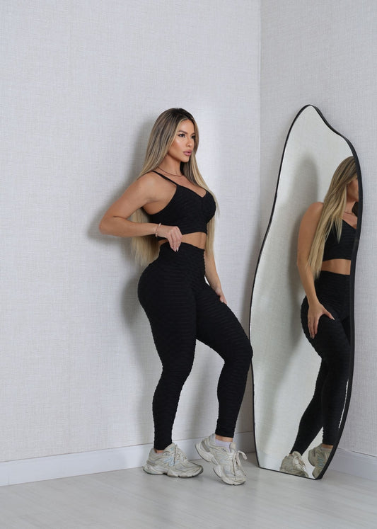 Conjunto Fitness Top e Legging Empodere Preto Brocado